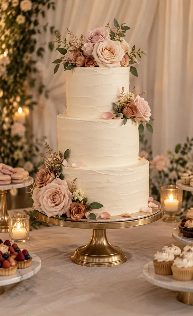 Three-tier cake decorated with blush roses