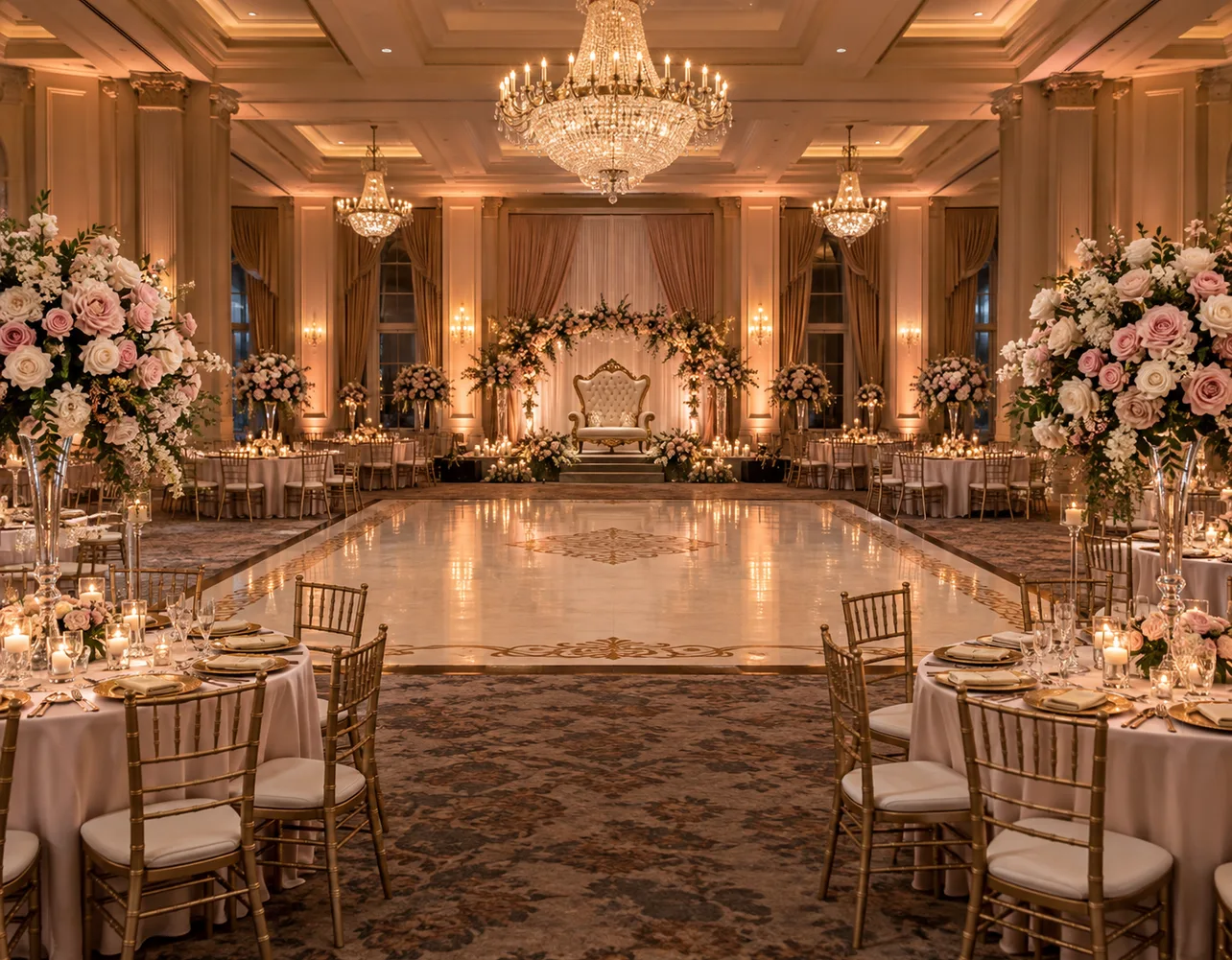 Quinceanera ballroom with tall rose centerpieces and gold place settings