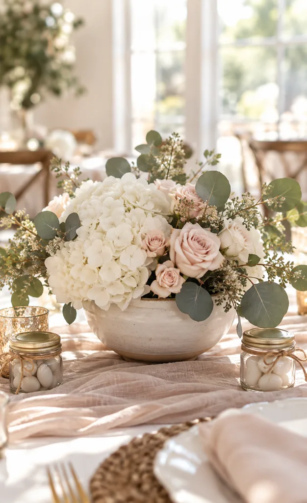 Baby shower floral arrangement with hydrangea and eucalyptus