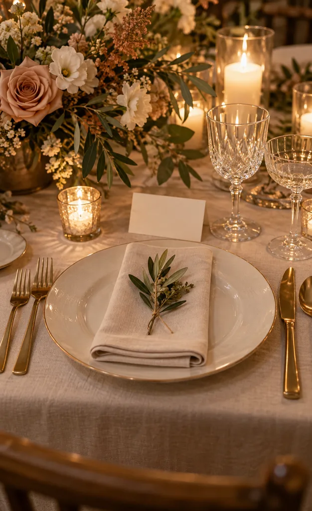Wedding place setting with gold flatware and greenery