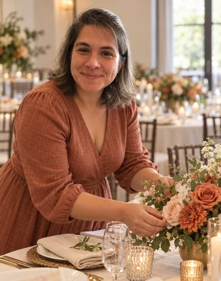Marcela arranging florals on a reception table