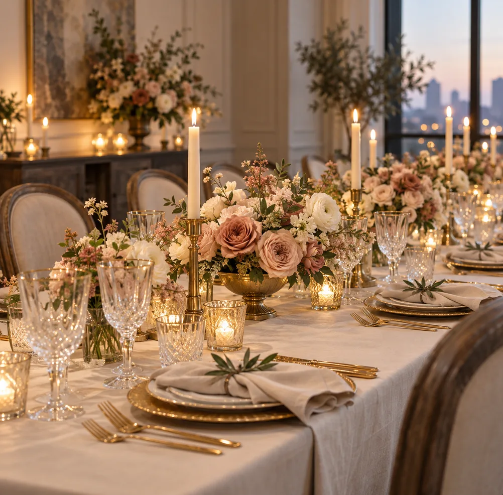 Reception table set with blush roses, candles and gold-rimmed place settings