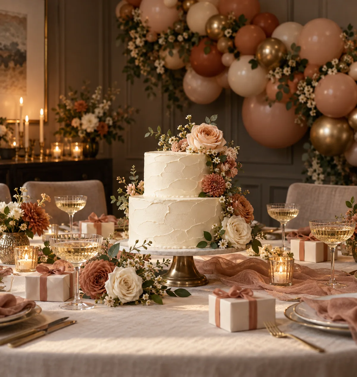 Birthday tablescape with a floral cake and blush balloon garland